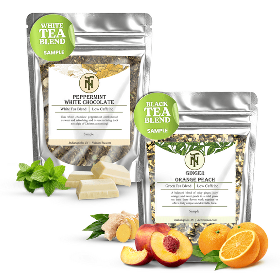 Nelson's Tea Flavor Duo - Peppermint White Chocolate (Sample) & Ginger Orange Peach (Sample) - Two Unique Loose Leaf Tea Blends Featuring Rooibos, White Chocolate, Ginger, Orange, and Peach