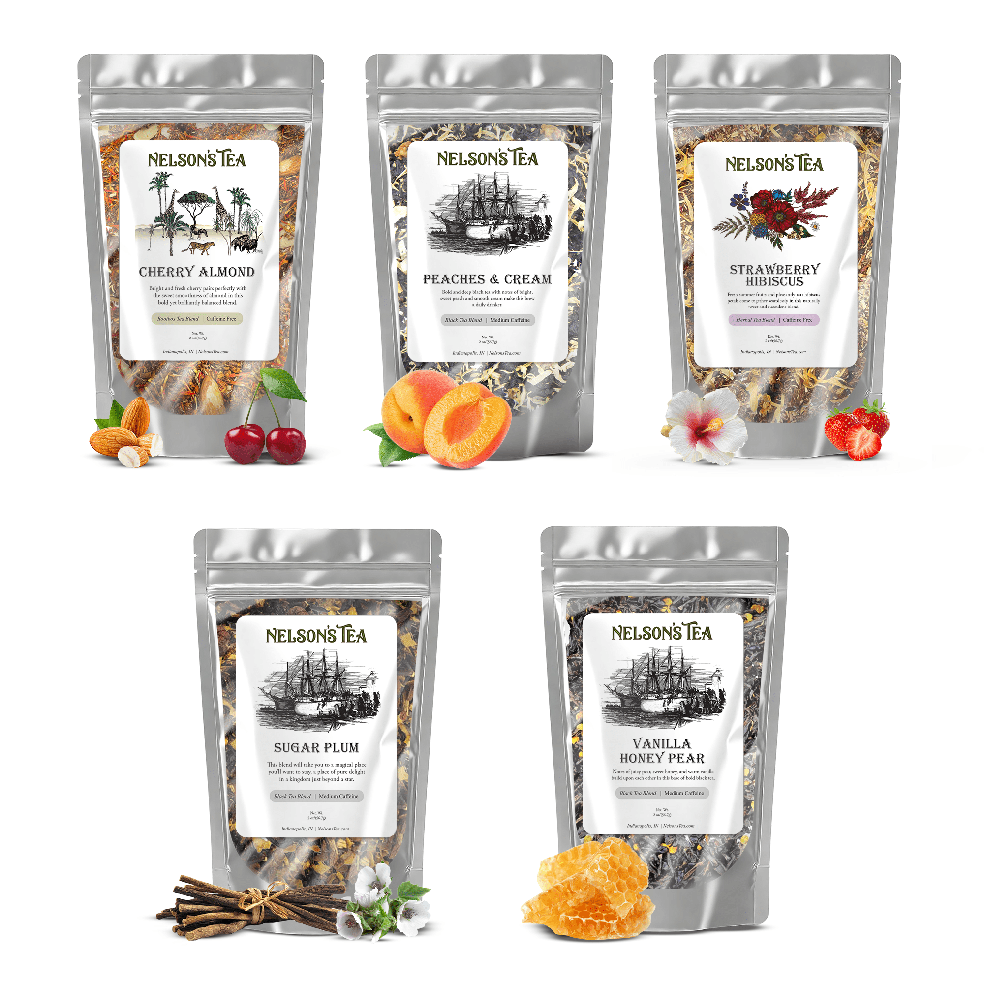 Nelson's Tea - Fruit Tea Sampler - Cherry Almond, Peaches & Cream, Strawberry Hibiscus, Sugar Plum, Vanilla Honey Pear (2 oz)