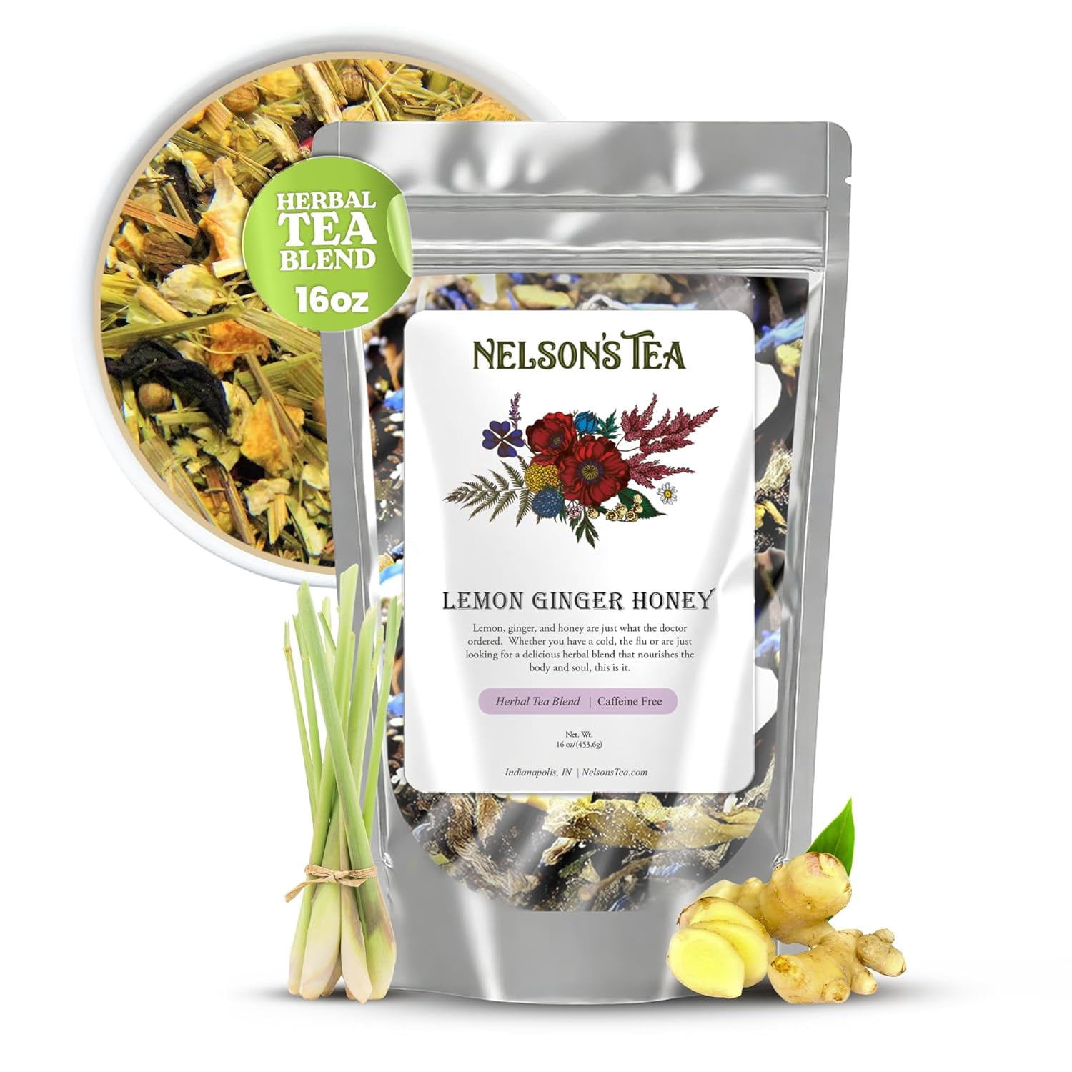 Nelson's Tea - Lemon Ginger Honey - Herbal loose leaf tea - Caffeine Free - Echinacea, ginger root, lemongrass, bee pollen, marshmallow root, coriander, hibiscus, lemon peel, and oat straw - 16 oz.