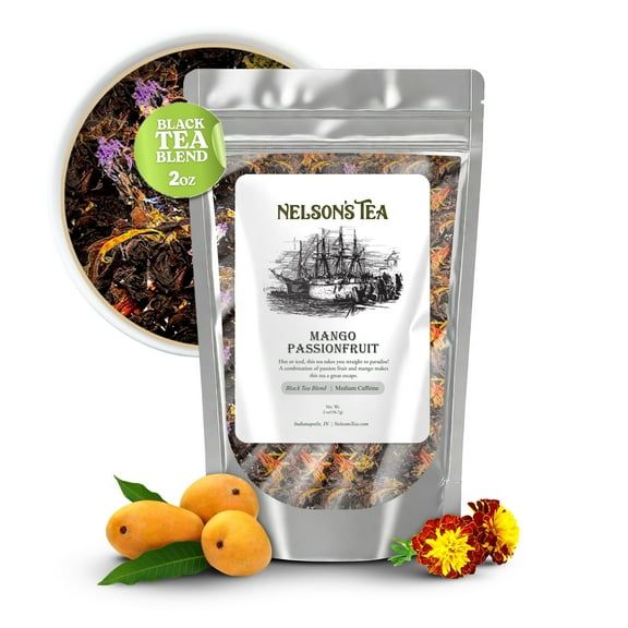Nelson's Tea Mango Passionfruit - Black Loose Leaf Tea - Irresistable Blend of Black Tea, Dried Mango, Cornflowers, Marigold Petals, and Safflower - Fruit Tea Loose Leaf (2 oz)