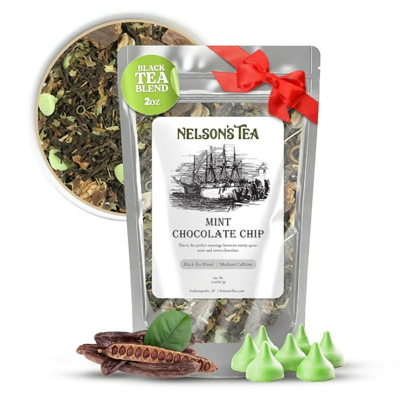 Nelson's Tea - Mint Chocolate Chip - Black Loose Leaf Tea - Pu-erh black tea, spearmint leaf, carob bean pods, mint chocolate chips, and natural flavoring (2 oz)