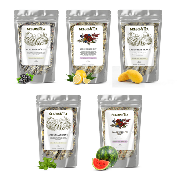 Nelson's Tea Mint Tea Loose Leaf Sampler Pack - Blackberry Mint, Lemon Ginger Mint, Mango Mint Peach, Moroccan Mint, Watermelon Mint (2 oz)