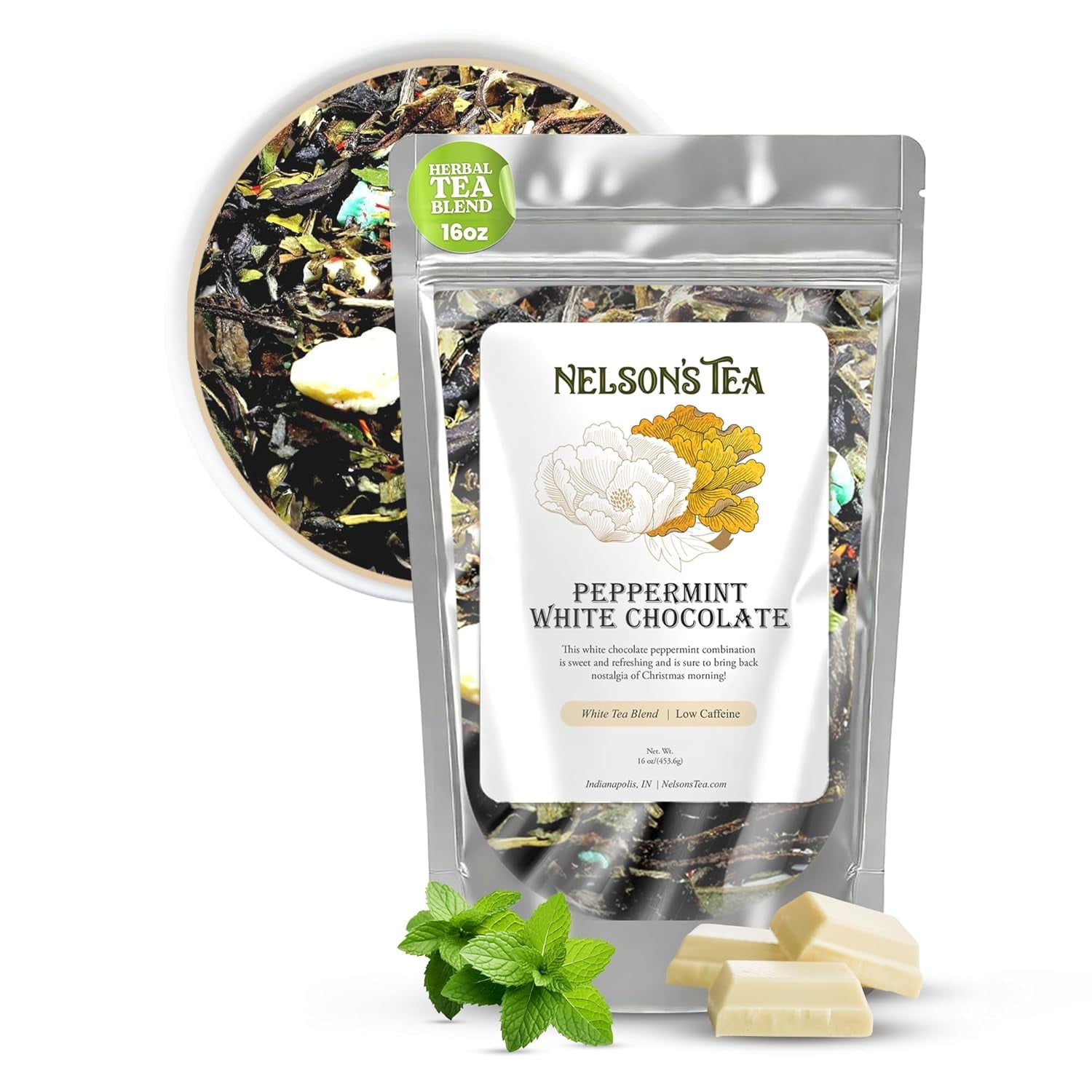 Nelson's Tea - White Chocolate Peppermint - Loose Leaf Tea - Green tea, white tea, peppermint, safflower, white chocolate, and mint chocolate - 16 oz.