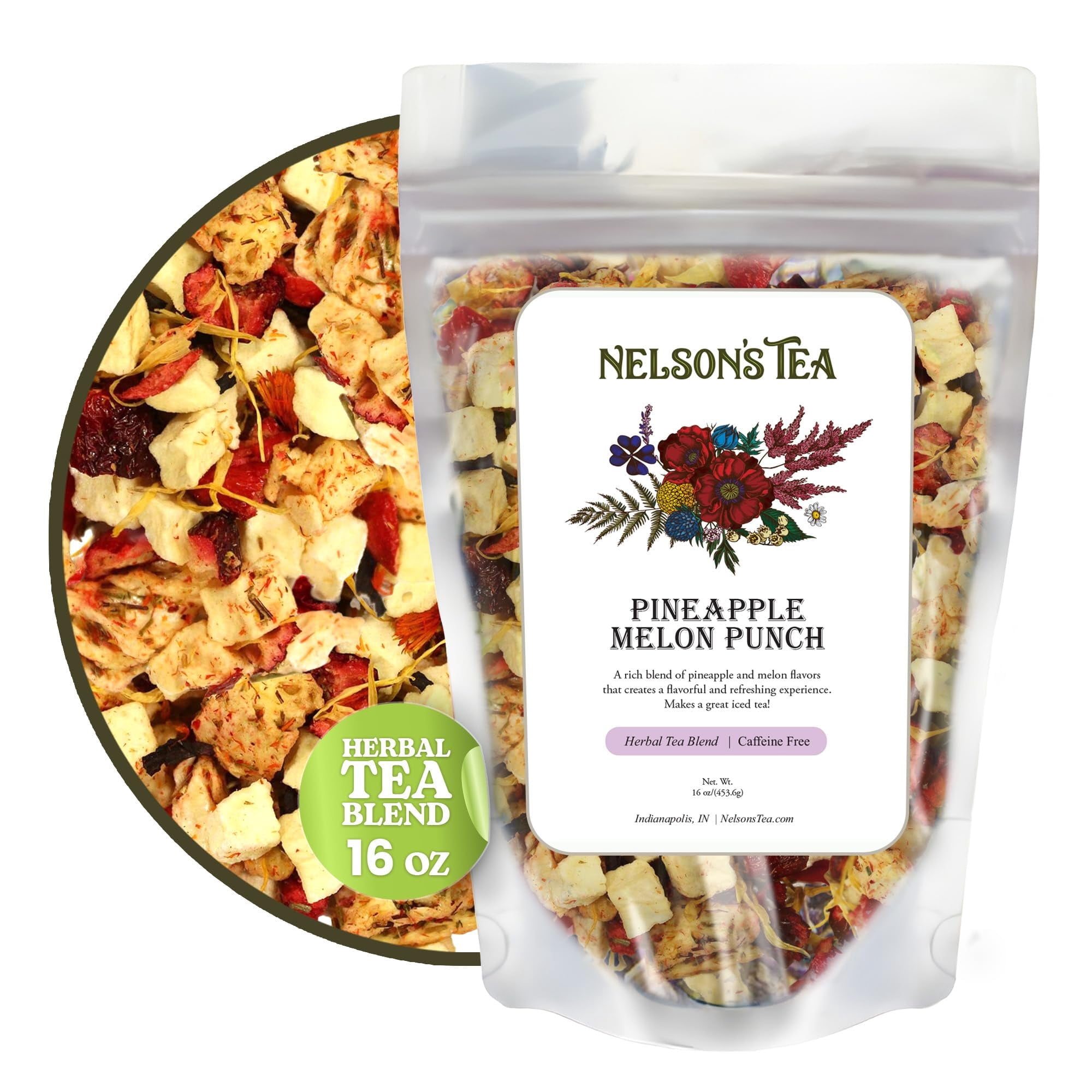Nelson's Tea Pineapple Melon Punch - Cut & Sifted Rooibos Green Tea with Apple, Cranberry, Hibiscus, Marigod and Safflower Loose Leaf Tea (16 oz)