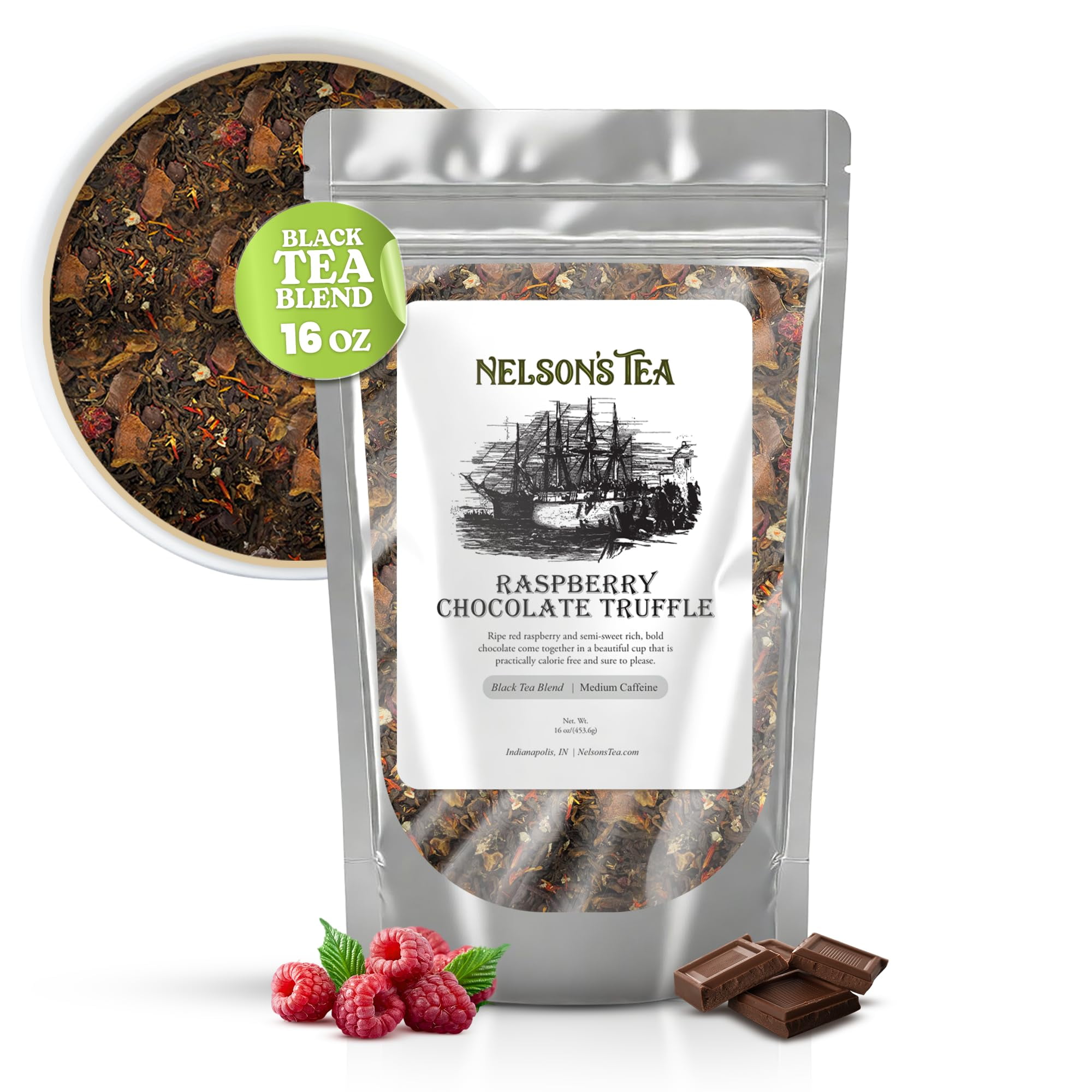 Nelson's Tea Raspberry Chocolate Truffle - Loose Leaf Black Tea with Raspberry Leaf, Chocolate Rooibos, Truffle Essence, Carob Beans, Hibiscus & Chocolate Chips, Infused with Natural Flavors - 16 oz.