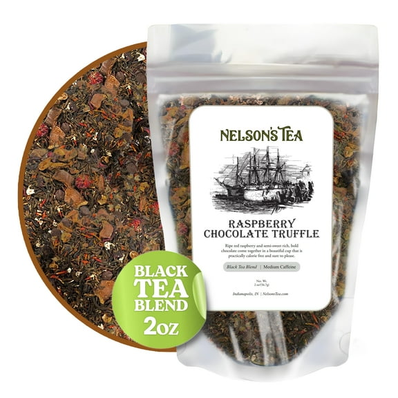 Nelson's Tea Raspberry Chocolate Truffle - Loose Leaf Black Tea with Raspberry Leaf, Chocolate Rooibos, Truffle Essence, Carob Beans, Hibiscus & Chocolate Chips, Infused with Natural Flavors - 2 oz.
