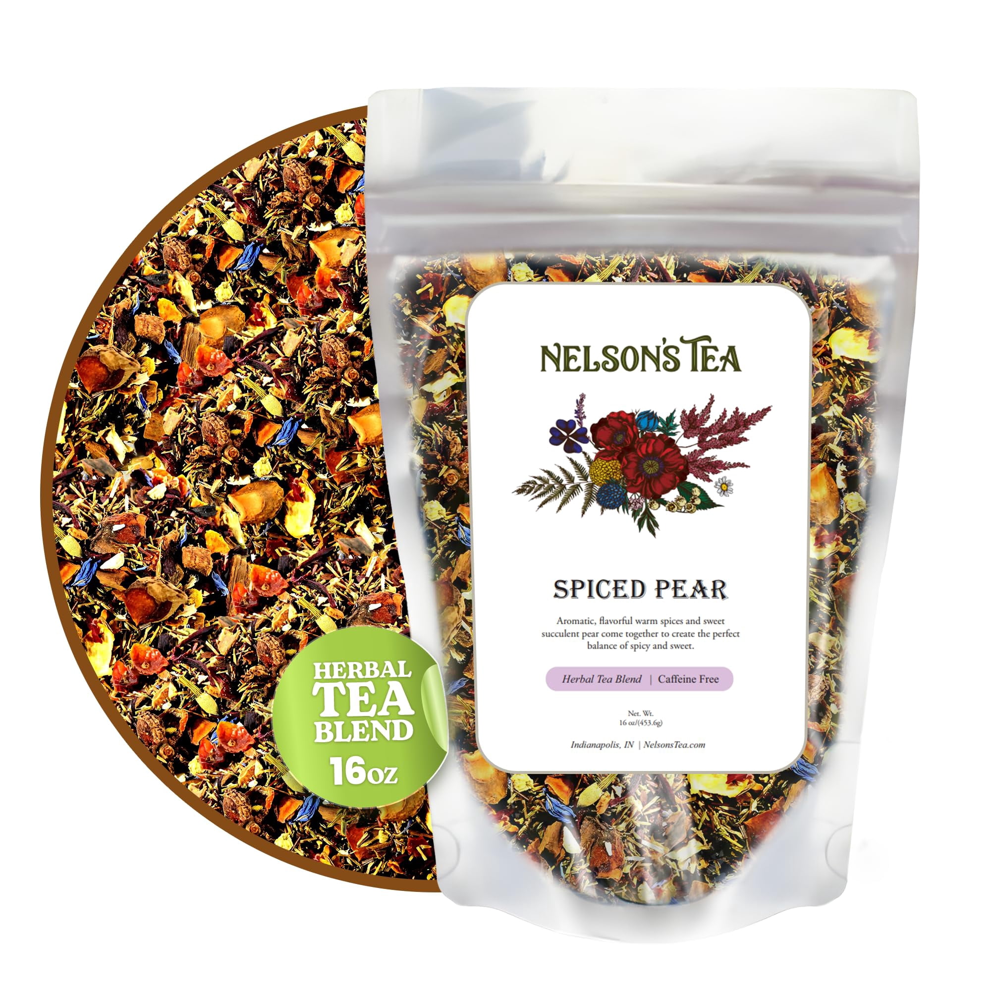 Nelson's Tea - Spiced Pear Loose Leaf Tea-Blend of Green Rooibos, Hibiscus, Rose Hips, Chicory Root, Chamomile, Dried Pears, Cornflowers, Cinnamon, Star Anise, Orange Peel, and Natural Flavors- 16oz