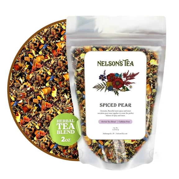 Nelson's Tea - Spiced Pear Loose Leaf Tea-Blend of Green Rooibos, Hibiscus, Rose Hips, Chicory Root, Chamomile, Dried Pears, Cornflowers, Cinnamon, Star Anise, Orange Peel, and Natural Flavors- 2oz