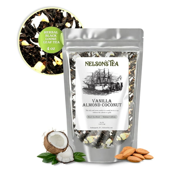 Nelson's Tea Vanilla Almond Coconut - Herbal Black Loose Leaf Tea, Curated Blend with Black tea, almonds, and toasted coconut - Perfect for Breakfast or a Refreshing Flavored Black Tea (4 oz)