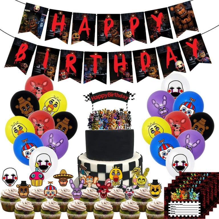 Nelton Birthday Party Supplies For Five Nights at Freddy's Includes Banner  - Cake Topper - 24 Cupcake Toppers - 18 Balloons - 15 Invitations