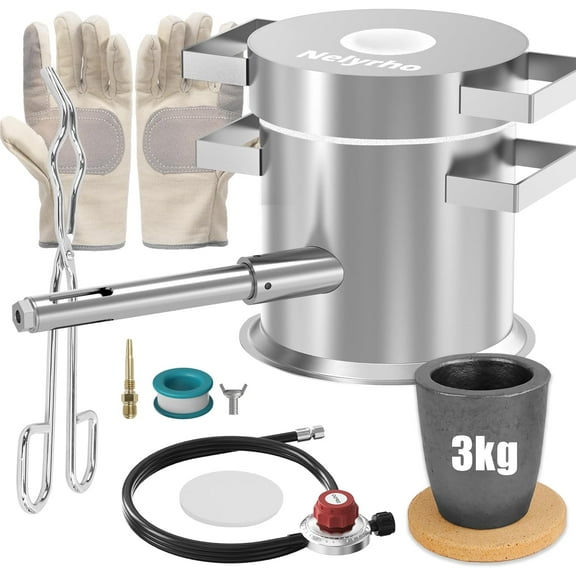 Nelyrho 3KG Propane Melting Furnace Kit with Two Crucible Tongs, Full Stainless Steel Foundry Klin Oxygen Torch Smelting Gold Silver Copper Aluminum Metal Recycle 2700