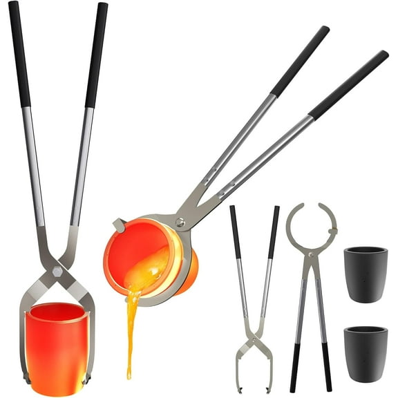 Nelyrho Crucible Tongs Set with 2 Graphite Crucibles #6 (13.2lbs-6kg) Smelting Kit for Metal Casting and Jewelry Making, Stainless Steel Lifting and Pouring Tongs