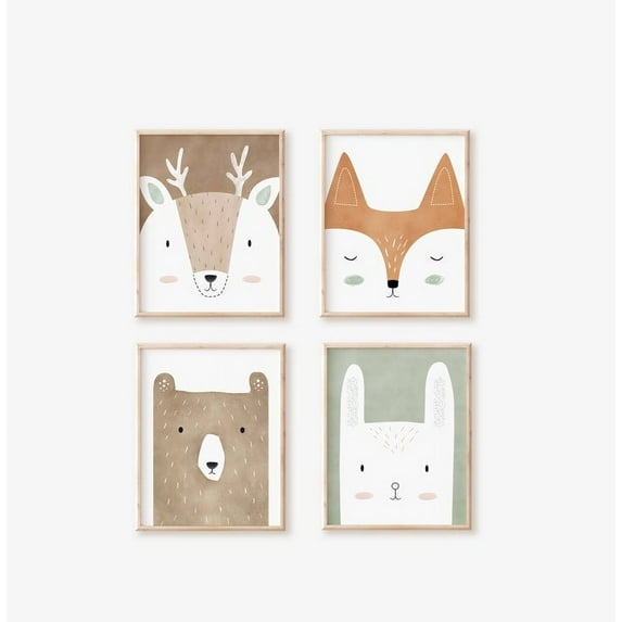 Nemo and Her Woodland Nursery Art Print Set of 4, Nursery Wall Art Decor, Picture Frames and Cute Animals Prints for Kids Playroom Decoration