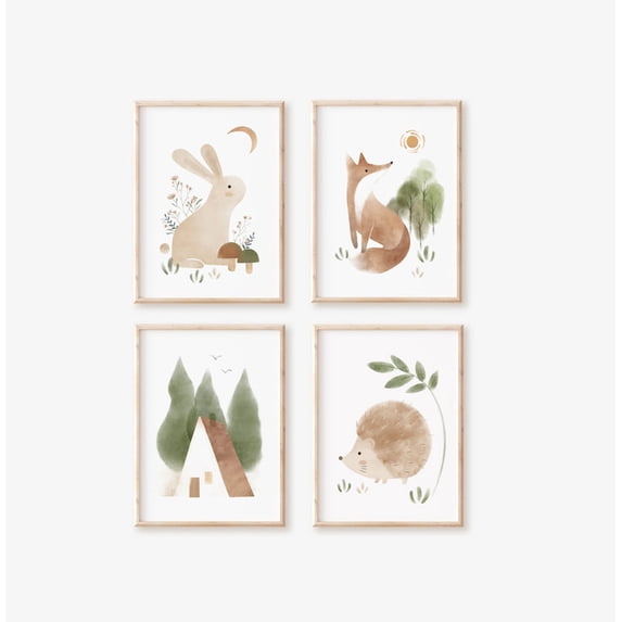 Nemo and Her Woodland Nursery Art Print Set of 4, Nursery Wall Art Decor, Picture Frames and Cute Animals Prints for Kids Playroom Decoration