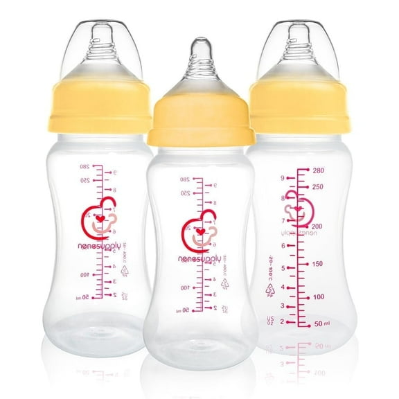 Nenesupply Natural Baby Bottles Newborn Feeding Bottles 1-3 Months Slow Flow Breastfeeding Bottle for Breastfed Babies Wide Neck 9oz Anti Colic Level 2 Nipple for 1+ Month Infant W with Spectra Parts