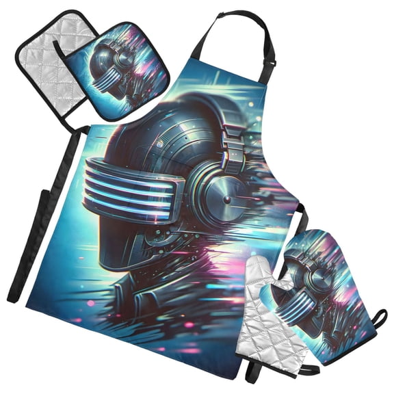 Neno Helmets Head 5 Pcs Kitchen Set Heat Resistant Oven Mitts and Non-Slip Pot Holders with Adjustable Cooking Apron