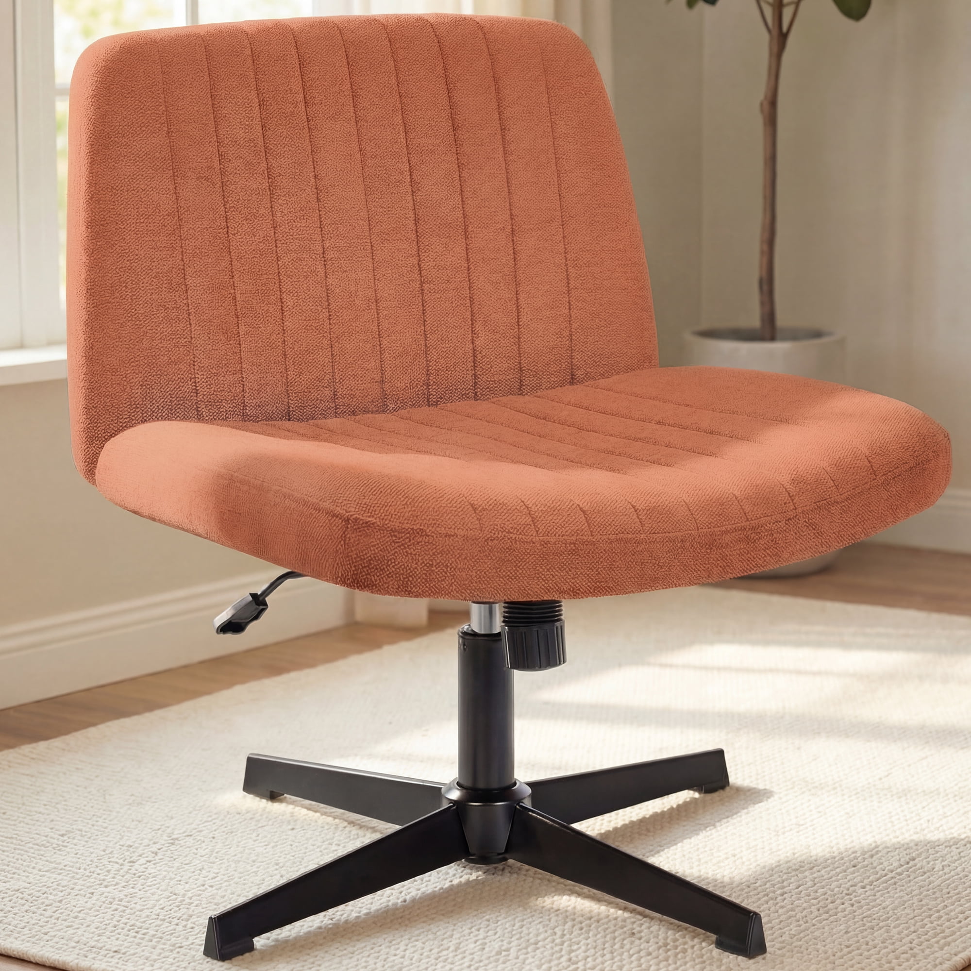 NEO CHAIR Criss Cross Chair No Wheels Armless&nbsp;Comfy Desk Chair Wide Vanity Makeup&nbsp;Cross Legged Office Adjustable Computer Task for Home Office Fabric (Brown)