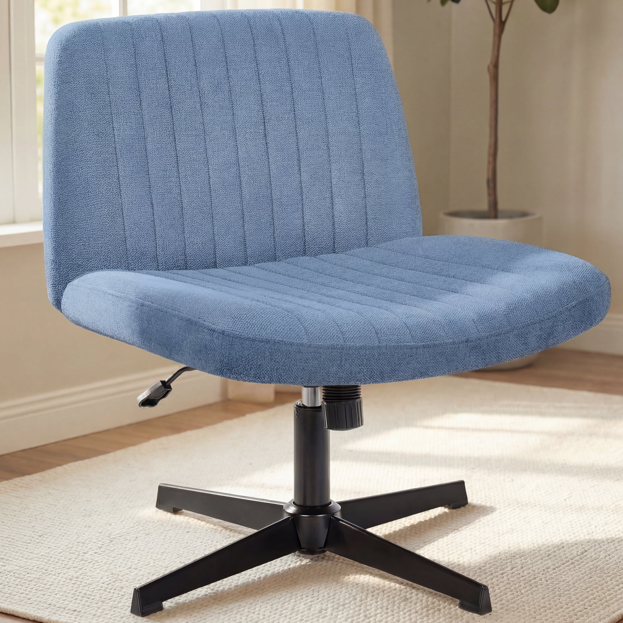 NEO CHAIR Criss Cross Chair No Wheels Armless&nbsp;Comfy Desk Chair Wide Vanity Makeup&nbsp;Cross Legged Office Adjustable Computer Task for Home Office Fabric (Blue)