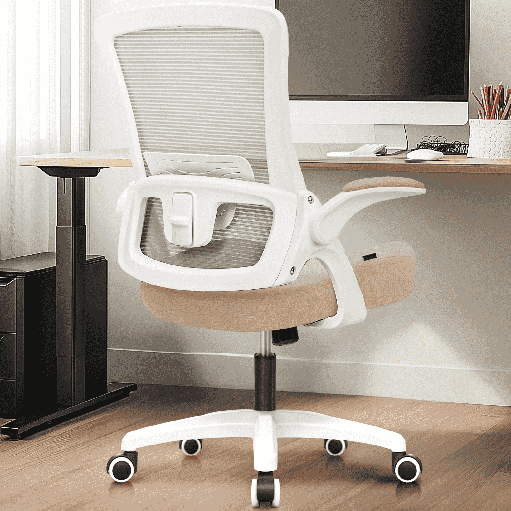Beige High Back Mesh Executive Swivel Office Chair with Adjustable Arms
