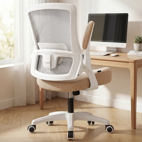 NEO CHAIR Office Desk Gaming Chair Computer High Back Mesh Seat with Rolling Wheels Ergonomic Adjustable Comfy Flip-up Armrests Lumbar Support Height for Home (Beige)