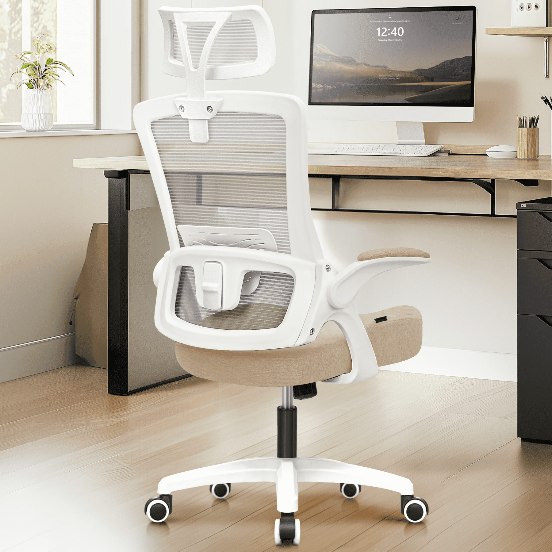 NEO Chair Office Desk Chair Gaming Computer High Back Support Mesh Comfy Seat with Adjustable Ergonomic Headrest Lumbar Rolling Flip-up Armrests and Wheels (Beige)