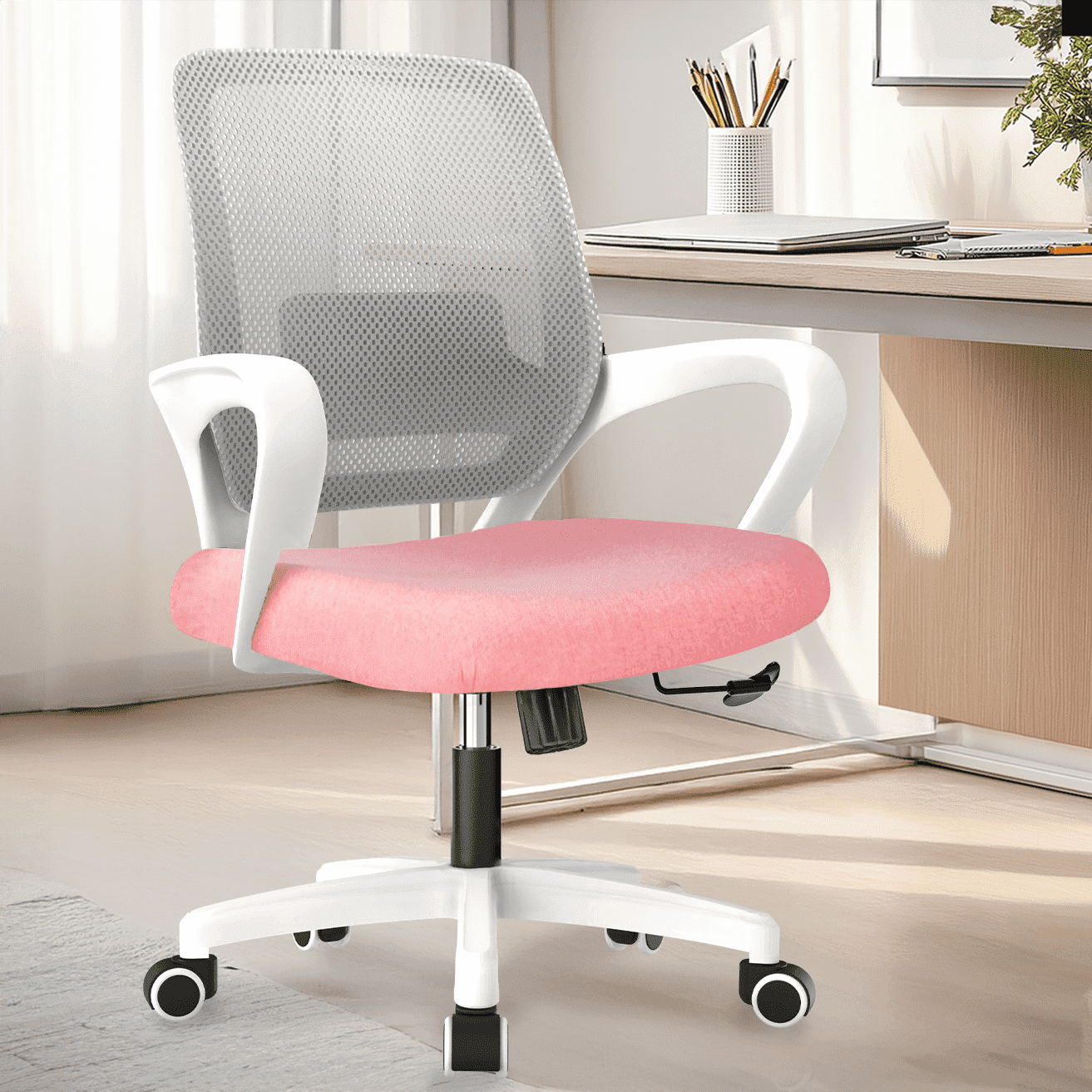 NEO CHAIR Ergonomic Office Chair, Lumbar Support Mid Back, Mesh Home Office Computer Desk Chair with Armrests, Pastel Pink