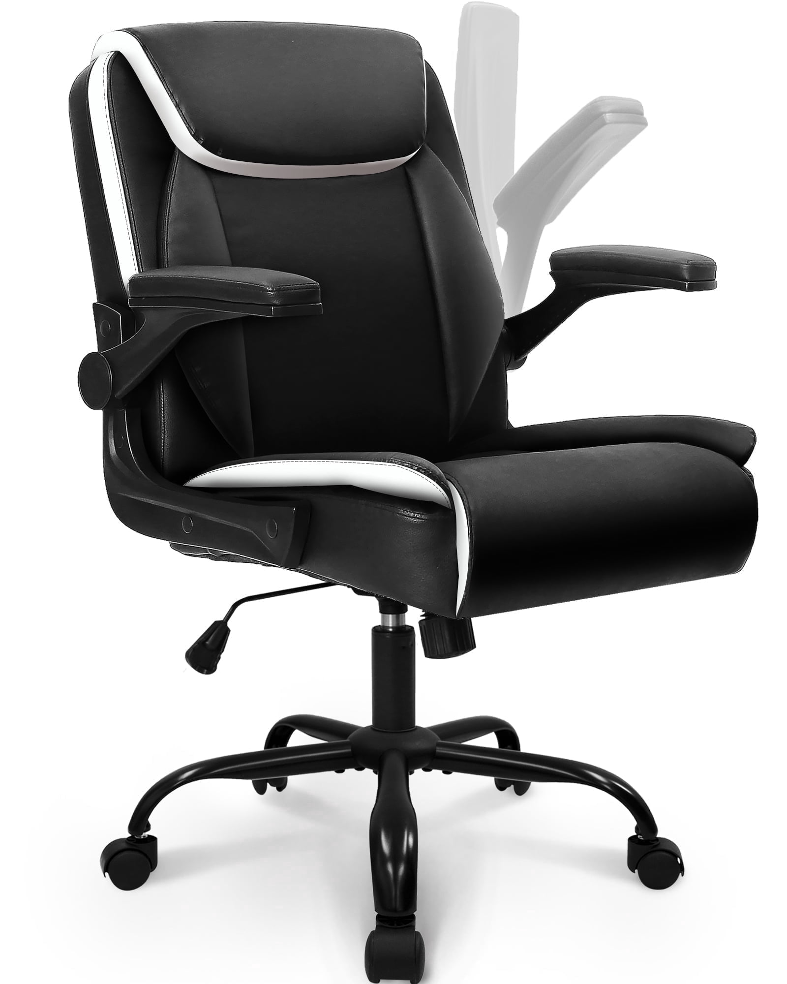 NEO CHAIR Desk Office Gaming Computer Chair Ergonomic Executive Mid-Back Leather with Adjustable Padded Flip-Up Armrests Cushion Wheels Swivel for Home Study Task (Black White)