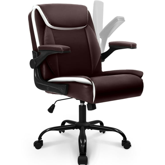 NEO CHAIR Leather Office Chair, Ergonomic PU Mid Back Executive Desk Chair with Flip-up Arms, Brown