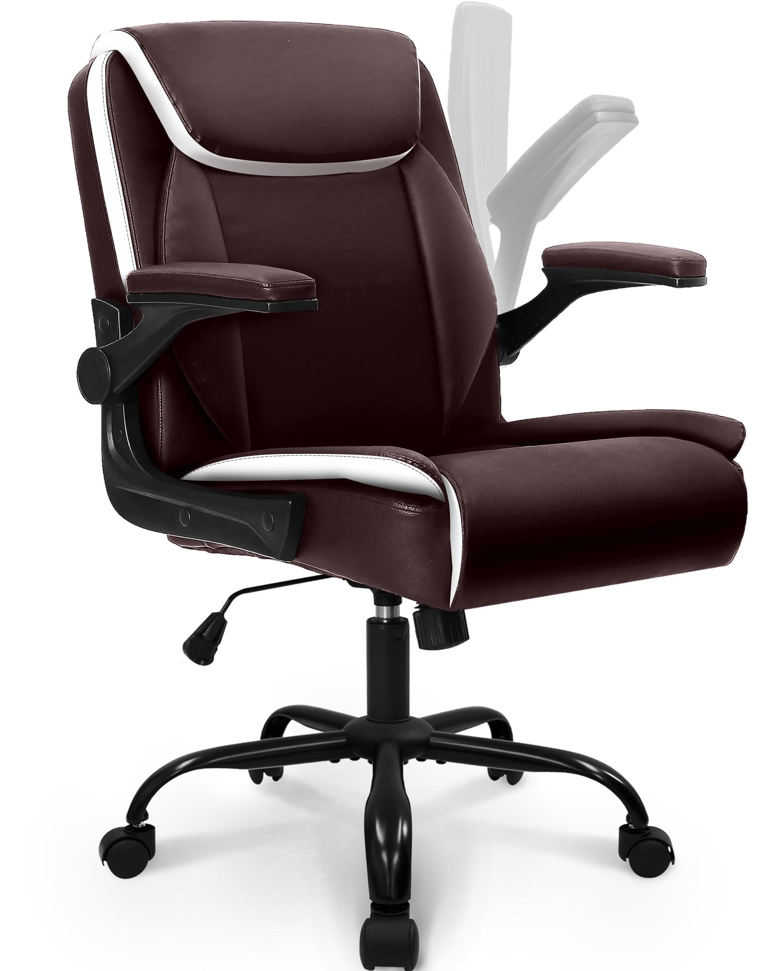 NEO CHAIR Desk Office Gaming Computer Chair Ergonomic Executive Mid-Back Leather with Adjustable Padded Flip-Up Armrests Cushion Wheels Swivel for Home Study Task (Brown)