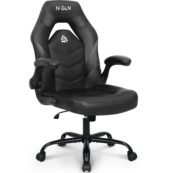 N-GEN Black Gaming Chair, Flip-up Armrest Computer Chair Ergonomic Office Chair PU Leather Desk Chair Executive Adjustable Swivel Task Chair