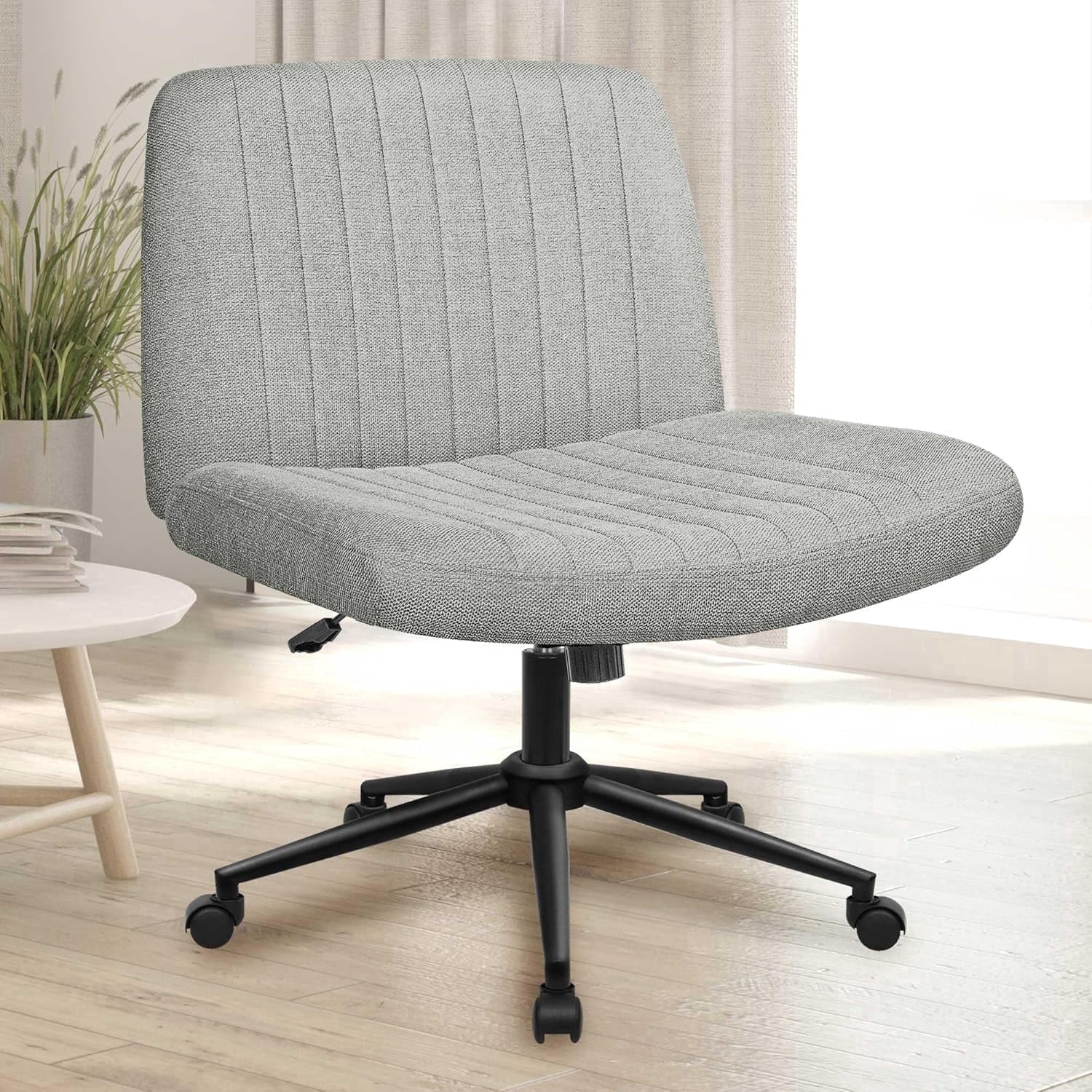 NEO CHAIR Criss Cross Chair with Wheels Armless Cross Legged Office Desk Wide Comfy Vanity Makeup Chair Adjustable Swivel Rolling Computer for Home Office Fabric (Grey Dual Base)