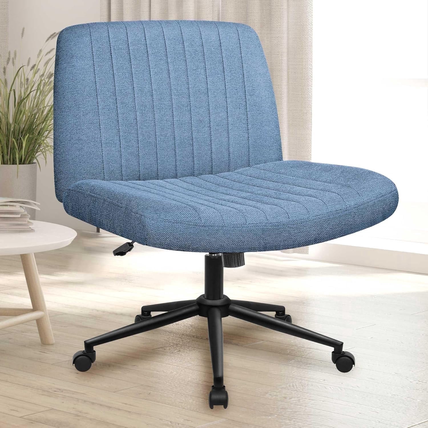 NEO CHAIR Criss Cross Chair with Wheels Armless Cross Legged Office Desk Wide Comfy Vanity Makeup Chair Adjustable Swivel Rolling Computer for Home Office Fabric (Blue Dual Base)
