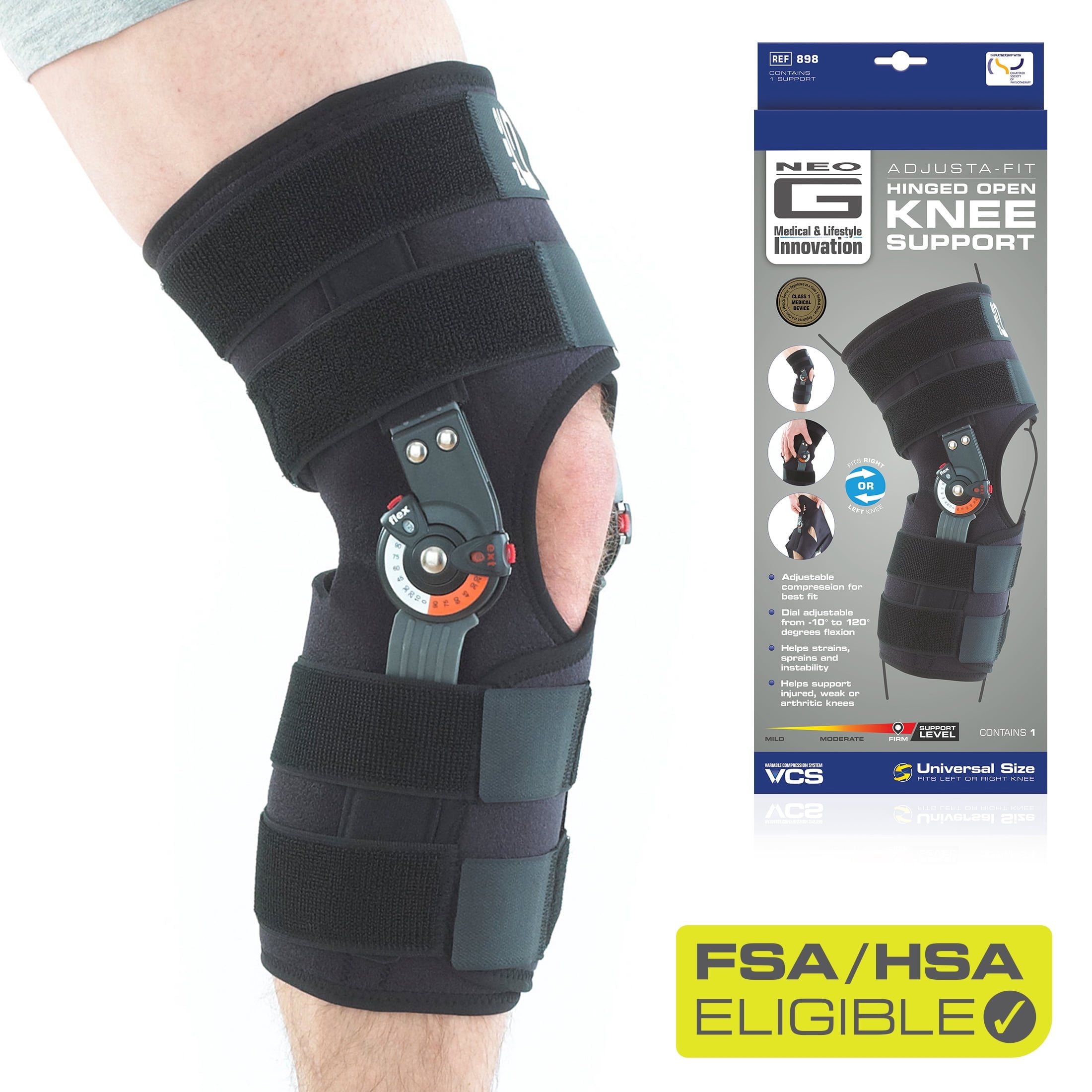Neo G Adjusta Fit Hinged Knee Brace for Women and Men - Knee Support Open Patella for Pain Relief, Meniscus Tear, Arthritis, Rehabilitation, ACL, Strains - Adjustable Compression - One Size