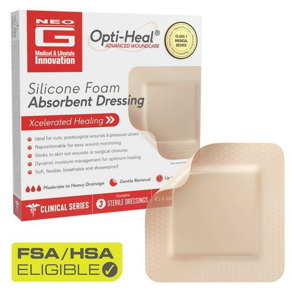 Neo G Opti-Heal Silicone Foam Absorbent Dressing, 3 Count - 4x4 FSA/HSA Eligible