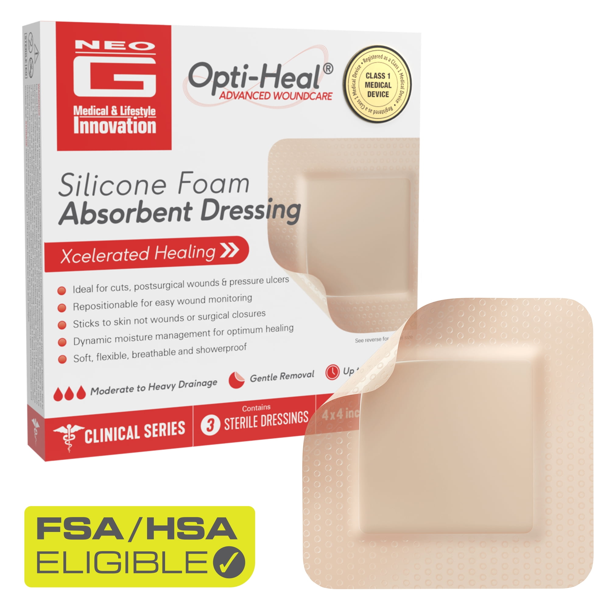 Neo G Opti-Heal Silicone Foam Absorbent Dressing, 4 Sterile Dressings 4x4 Inch FSA/HSA Eligible