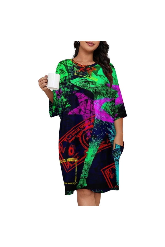 Neo Pop Art Blacklight Glow in The Dark Sleepshirts For Sleeping Travels Loose Sleepdress Pajama Dress Soft Nightdress Sleepwear