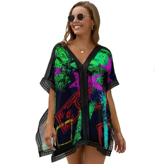 Neo Pop Art Blacklight Glow in The Dark Women's Swimsuit Coverup Summer Beach Cover Up Bathing Suit Dress