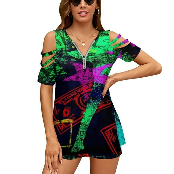 Neo Pop Art Blacklight Glow in The Dark Womens Summer V Neck Zipper Top Short Sleeve T Shirt Off Shoulder Top Casual Classy Loose Shirts