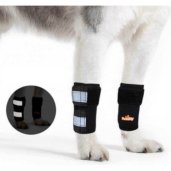NeoAlly Dog Knee Braces Front Leg Carpal Support Canine Wrist Braces with Safety Reflective Straps for Limping, Joint Pain, Lameness, and Loss of Stability from Arthritis - Black Color (XXS/XS Pair)