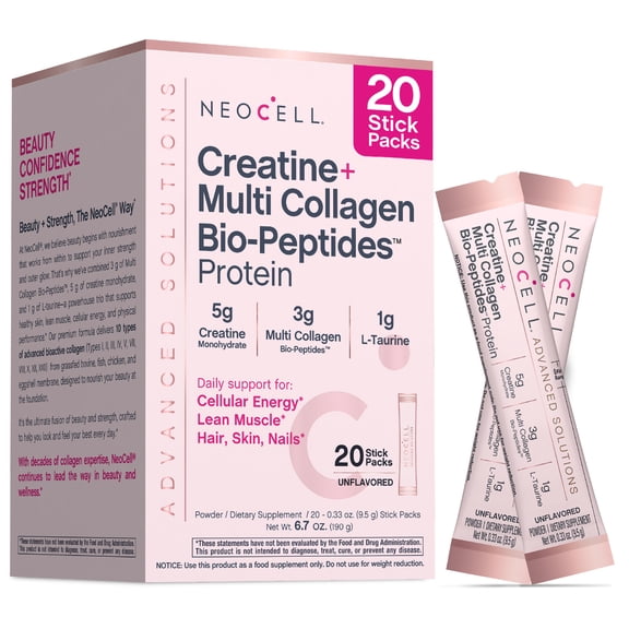 Creatine Collagen Powder | 20 Stick Packs | Plus L-Taurine | Unflavored | by NeoCell