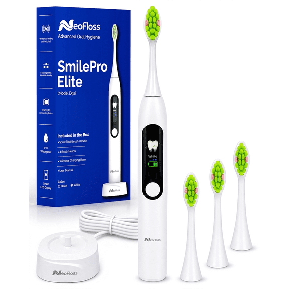 NeoFloss SmilePro Elite Sonic Electric Toothbrush 5 Cleaning Modes, 3 Intensity Levels, 2-Min Smart Timer, Long Battery Life, White