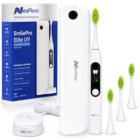 NeoFloss Smilepro Elite UV Sonic Electric Toothbrush, UV Sanitizing Case, 5 Modes, 3 Intensity Levels, Wireless Charging, White