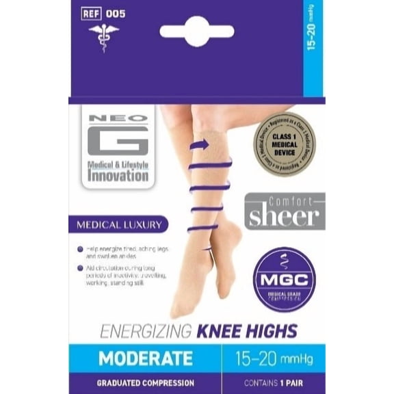 Neo G Compression Socks 15-20mmHg Energizing Knee Highs Sheer - L