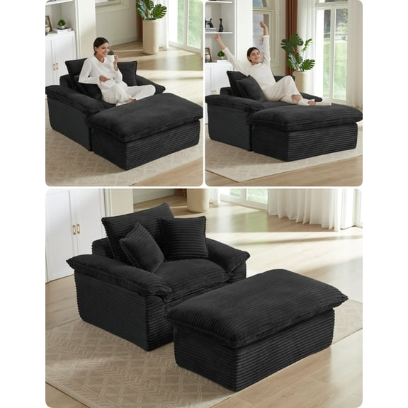 NeoKo 52" Modern Comfort Upholstered Compression Single Sofa with Unique Footstool Design, Corduroy Lounge Chair with 2 Pillows, Perfect for Living Room, Bedroom, Office,Black leisure sofa