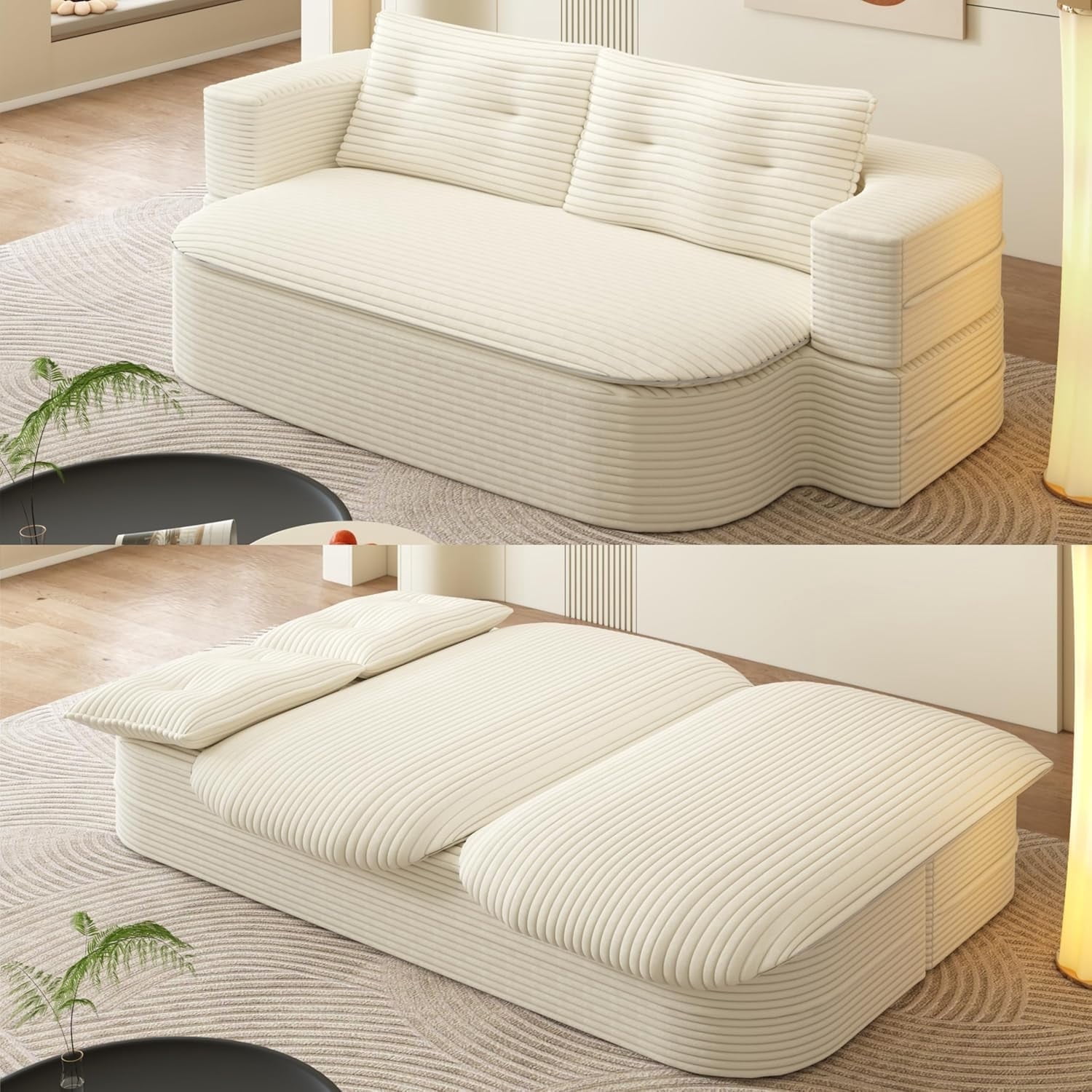 NeoKo 78" Full Size Floor Sofa, Folding Queen Sleeper Couch, Futon Loveseat Sofa, Corduroy Boneless Loveseat Couch, Fold Mattress Bed for Living Room, Guest Use, Office, Apartment, Beige