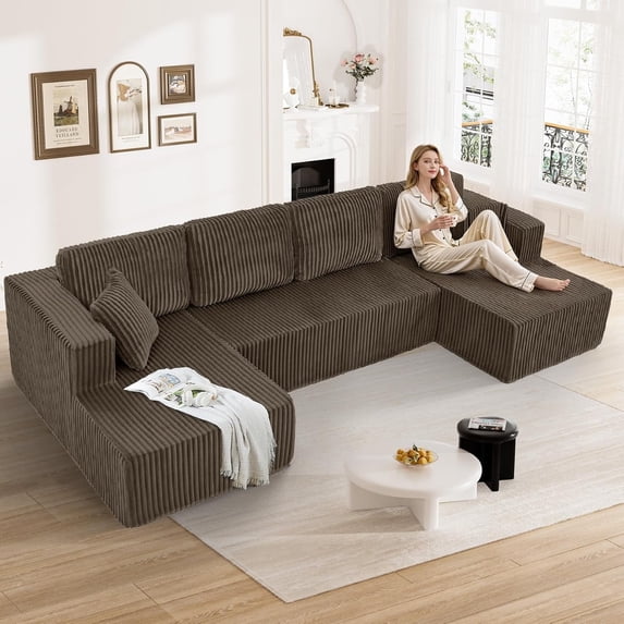 NeoKo Cloud Couch U Shaped Plush Memory Foam Modular and Comfy Boneless Sectional Sofa with Chaise Lounge, Brown