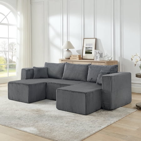 NeoKo Compact Modular Sectional Sofa | Ultra-Comfy Compressed Corduroy Couch | Modern Minimalist Space-Saving Modular Sofa-Gray