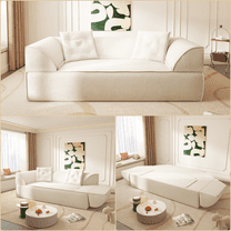 NeoKo Modern Deep-Seated Fluffy Couch, 79.5-inch 3-in-1 Convertible Adult Folding Sofa Bed, Curved 3-Seater with 2 Pillows, Chenille Fabric, Suitable for Living Room (Beige)