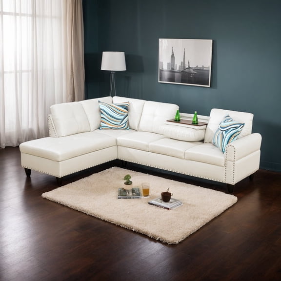 NeoKo Sectional Couch for Living Room Furniture Sets,Beige faux leather synthetic leather L Shape sectional Sofa 2 Piece for Apartment, Office, Bedrooms