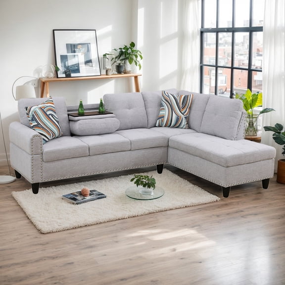 NeoKo Sectional Couch for Living Room Furniture Sets,Grey white flannel L Shape sectional Sofa 2 Piece for Apartment, Office, Bedrooms